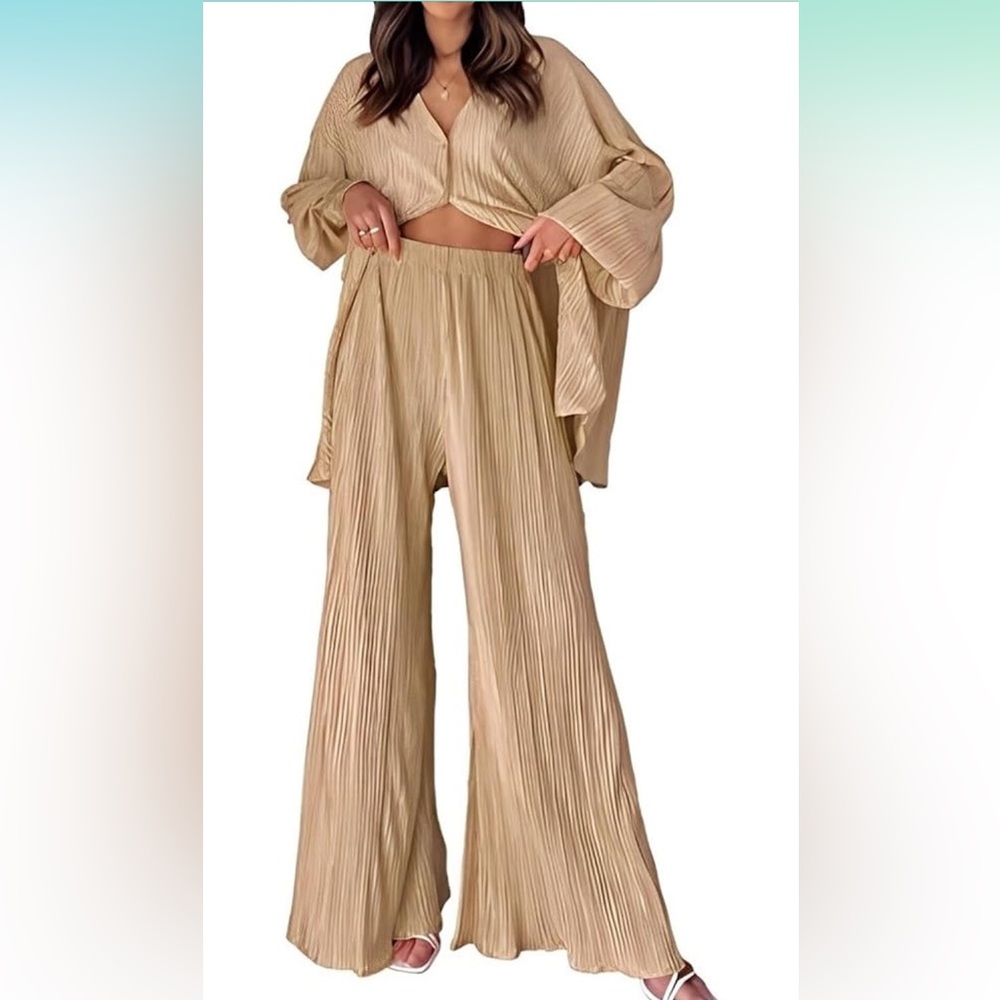 Metallic Gold Khaki 2 Pc Pleated Plisse Pant Suit Button Up Shirt Loose Fitting